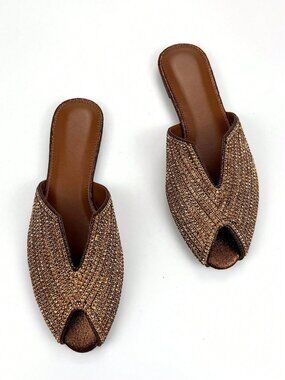 Bronze Fashionable Women's Rhinestoned V-Cut Slip-On Mule Flats